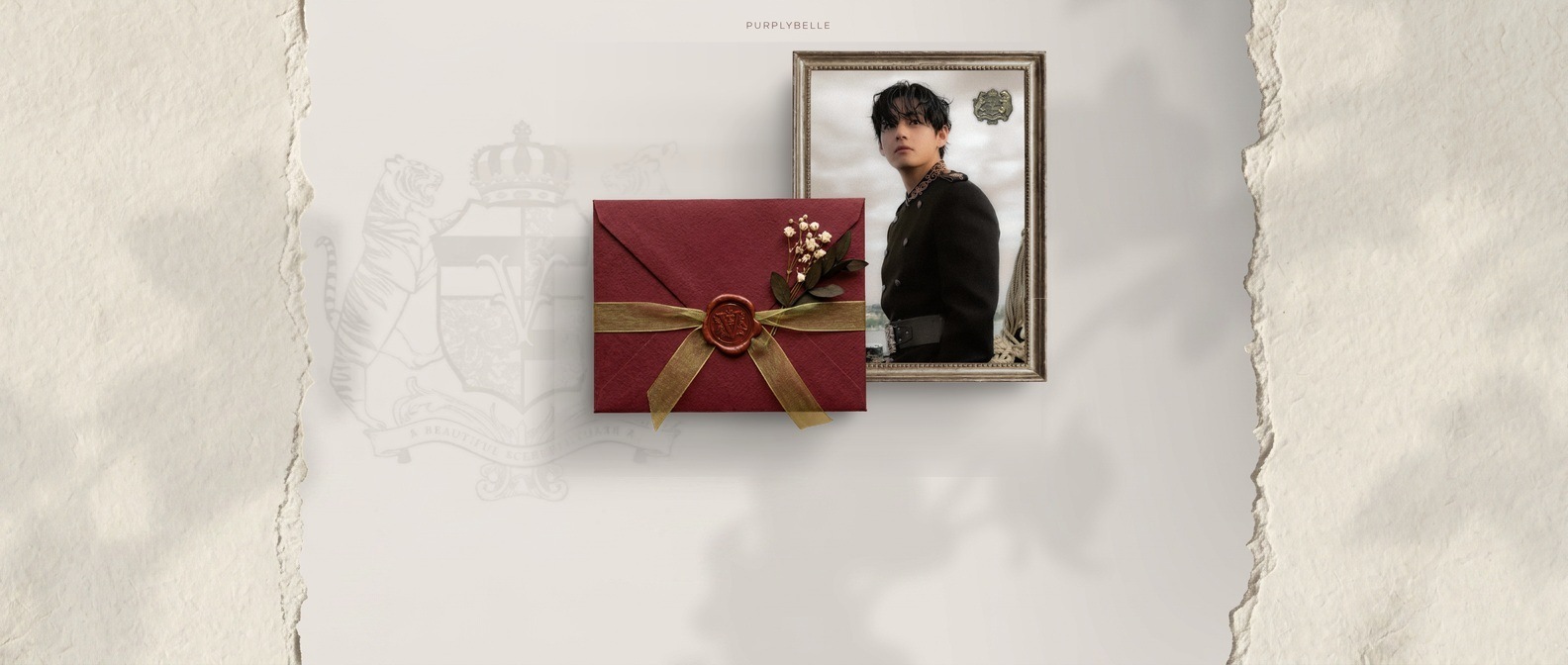 A Beautiful Scenery Vante invitation — burgundy envelope with wax seal and a framed portrait of V