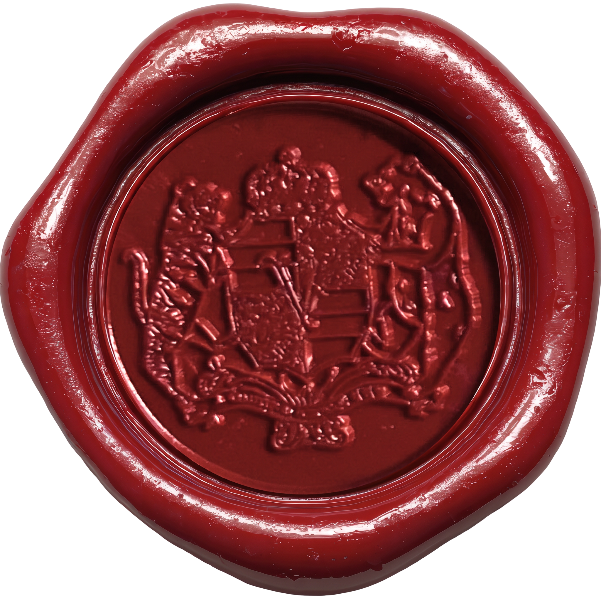 Burgundy wax seal with an ornate crest